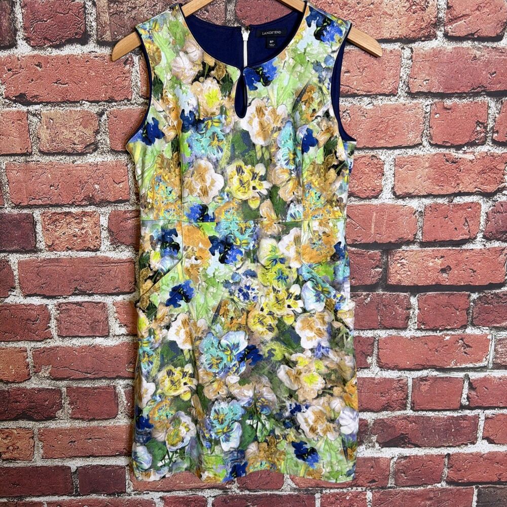 Lands' End Sheath Dress Floral 8P Blue Womens Sleeveless Pockets Keyhole Neck